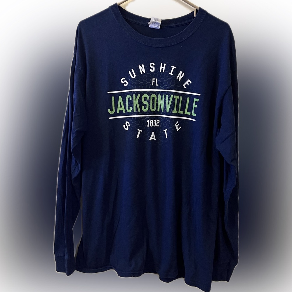 Gildan Navy and Green Sunshine State Jacksonville FL Long Sleeve Tee A